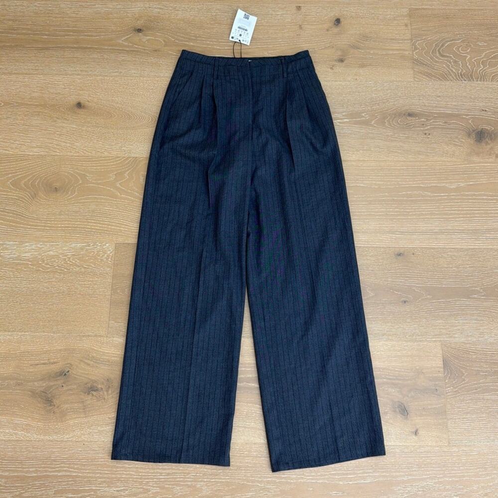 Bershka Trousers Wide Leg Pinstripe Size US6 Gray Blue